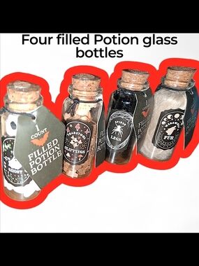 Set of 4 Filled Potion Glass Bottles - Assorted Black, Brown, Beige